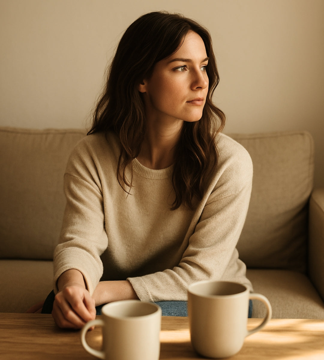 Eine Frau sitzt ruhig in einem hellen Raum – Symbol für persönliche 1:1 Sessions mit einfühlsamer Begleitung bei NUVYA°.